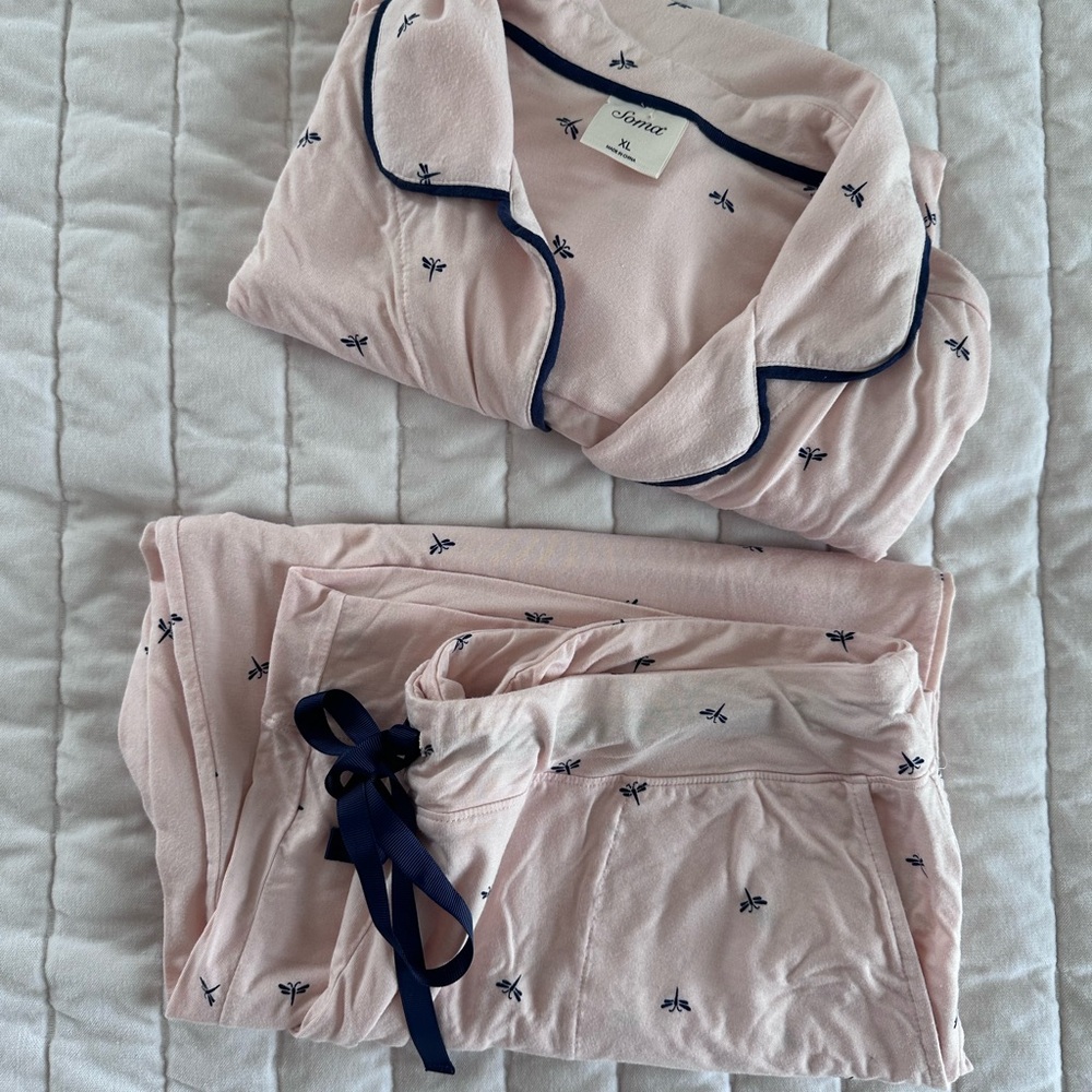 Soma XL Pink Dragonfly Print Pajama Set Short Sleeve Button Top + Pants